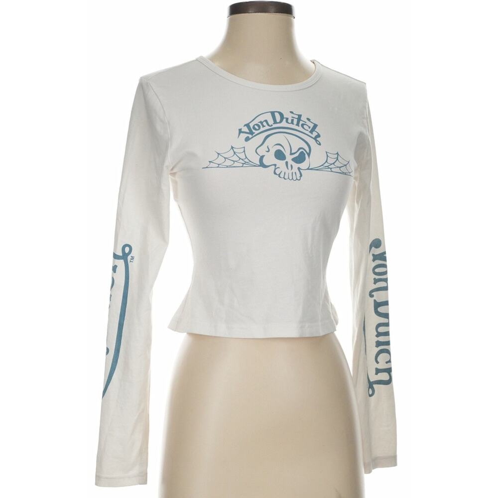 Von Dutch Y2K White Crop Top Skull Graphic Long Sleeve Stretch Tee Women Size S - Picture 3 of 8